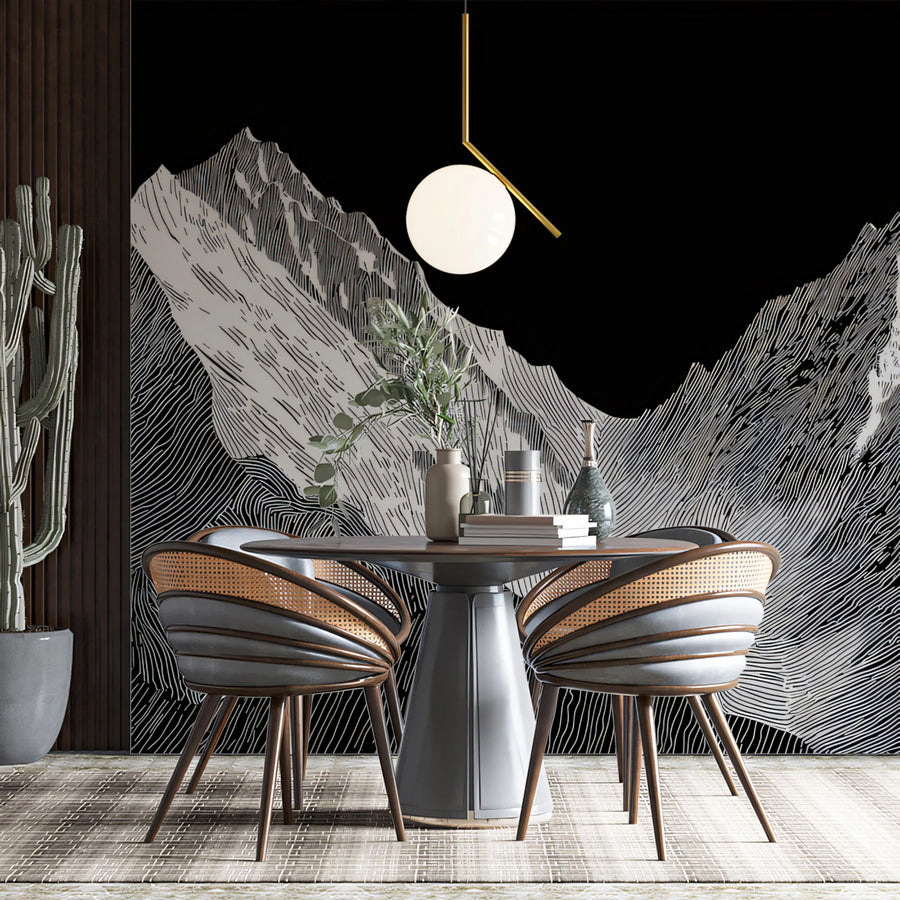 Mountain Wallpaper Mural – Alpine Wall Mural – Minimalist Mountain Peaks — Modern Ink Sketch