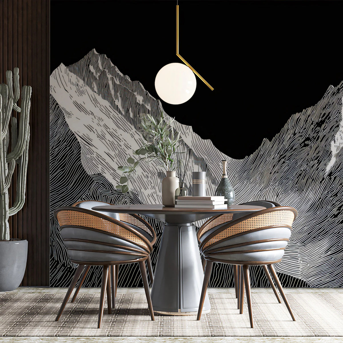 Minimalist Mountain Peaks Mural Wallpaper — Modern Ink Sketch Mural Wallpaper - room preview 02