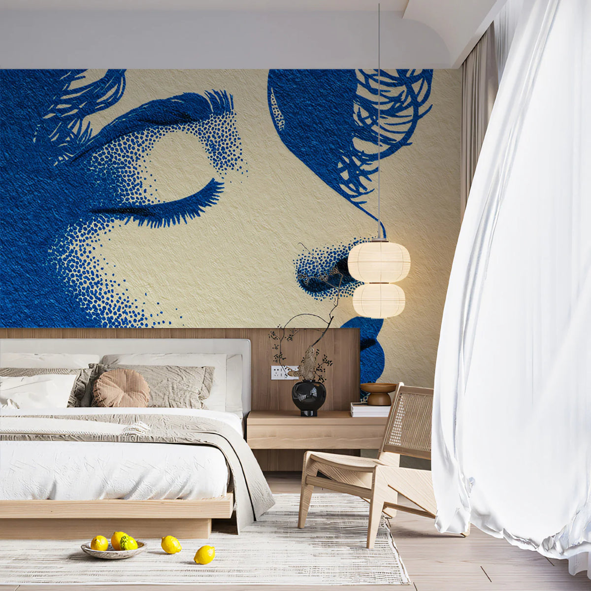 Stippled Woman Portrait Mural Wallpaper — Cobalt and Cream Pop Art Mural Wallpaper - room preview 02