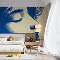 Stippled Woman Portrait Mural Wallpaper — Cobalt and Cream Pop Art Mural Wallpaper - room preview 02