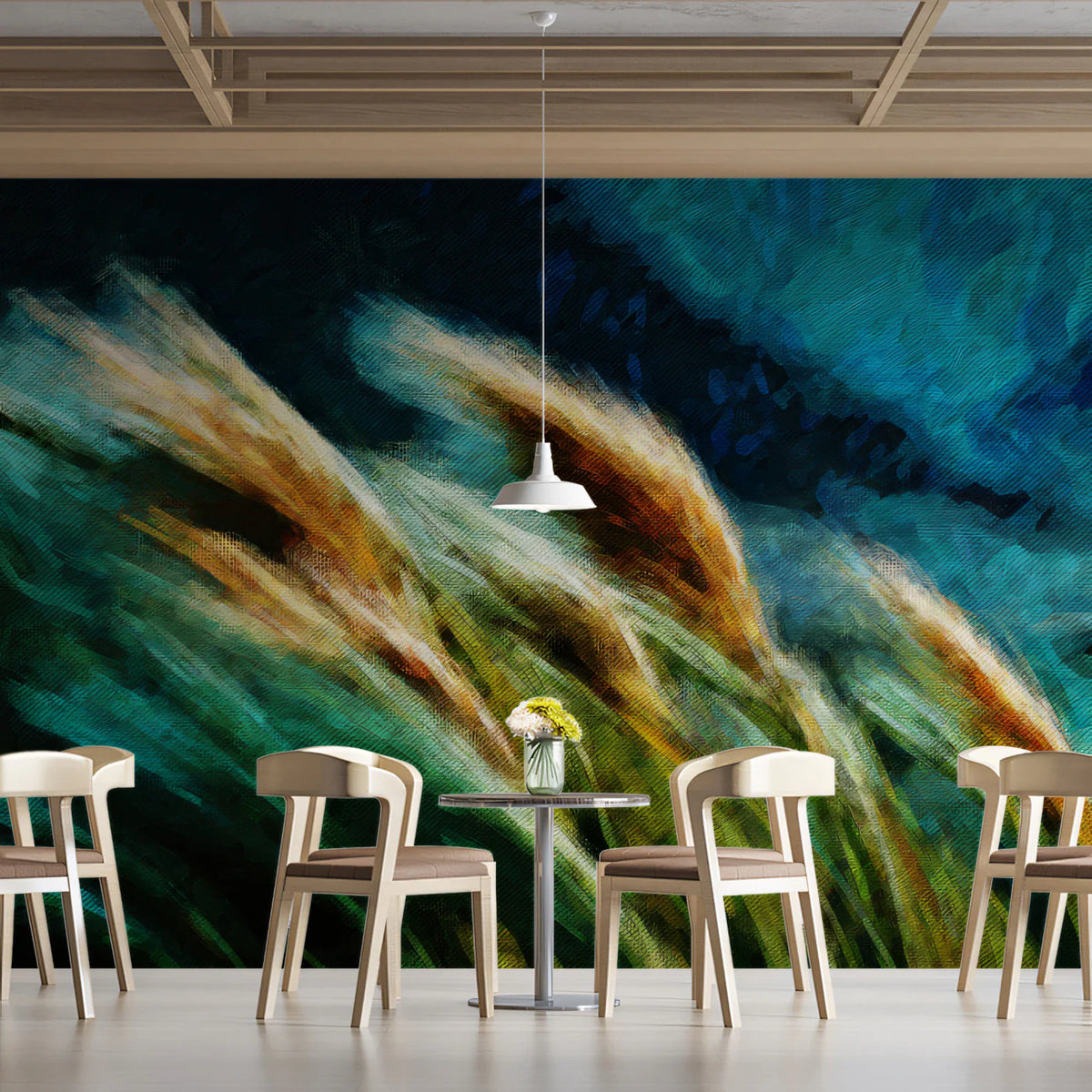 Windblown Meadow Mural Wallpaper — Moody Impressionist Oil Painting Mural Wallpaper - room preview 02
