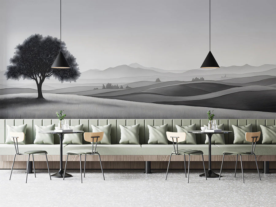 Papier peint mural paysager arbre solitaire — Papier peint mural monochrome minimaliste