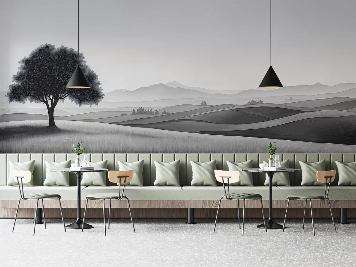 Solitary Tree Landscape Mural Wallpaper — Minimalist Monochrome Mural Wallpaper - room preview 02