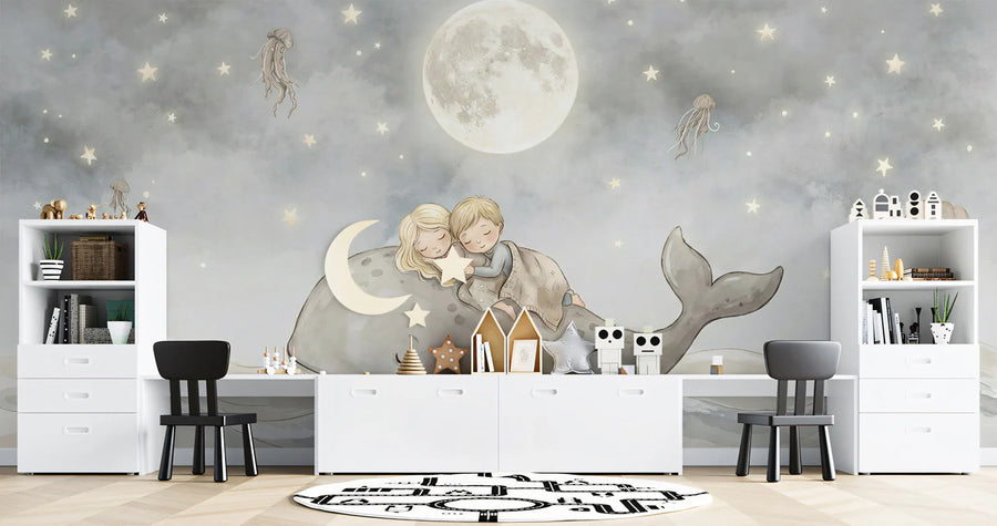 Whale Wallpaper Mural – Ocean Wall Mural – Sleeping Children on Whale — Whimsical Night Sky Art