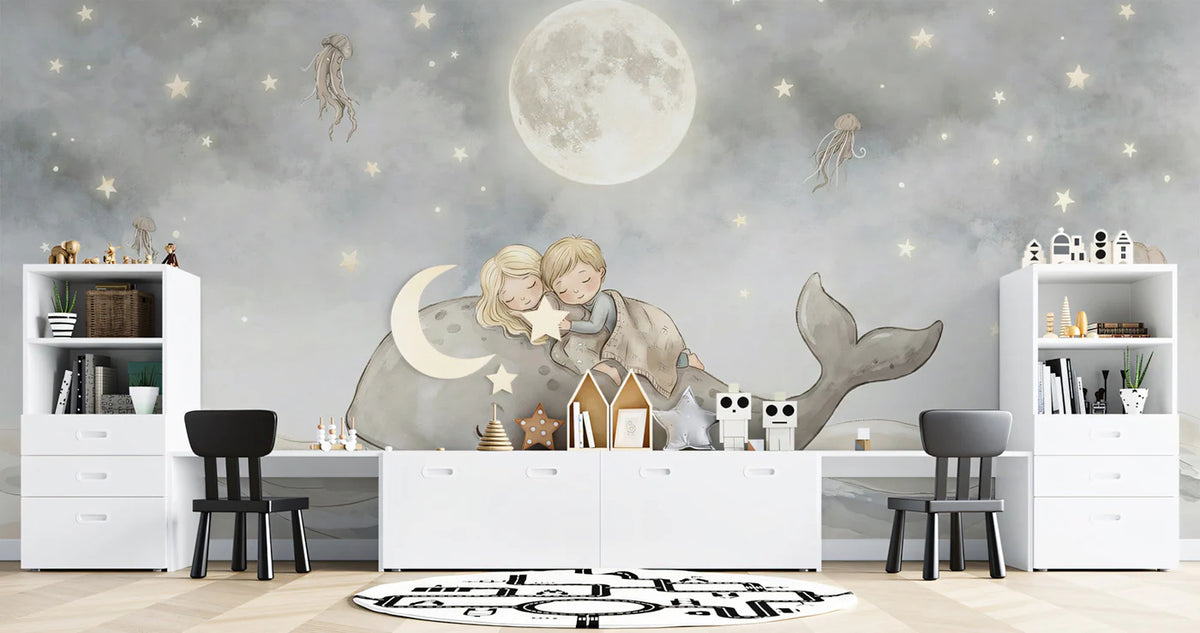 Sleeping Children on Whale Mural Wallpaper — Whimsical Night Sky Art Mural Wallpaper - room preview 02