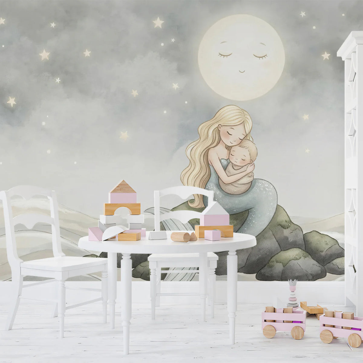 Mermaid Mother and Child Mural Wallpaper — Gentle Night Scene Mural Wallpaper - room preview 02
