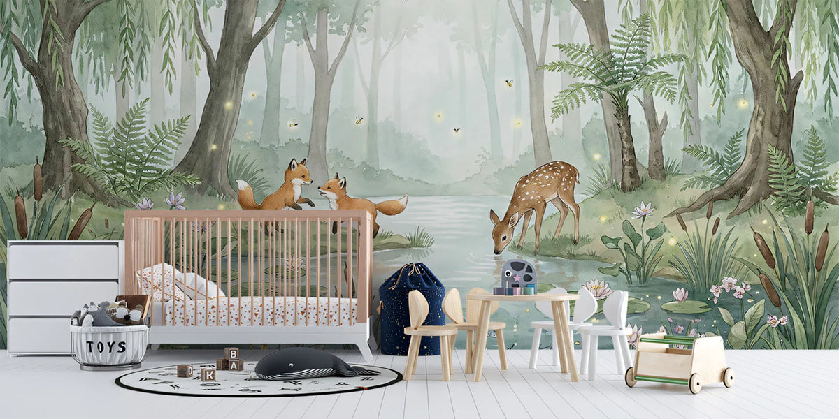 Watercolor Forest Friends Mural Wallpaper — Soft Woodland Scene Mural Wallpaper - room preview 02