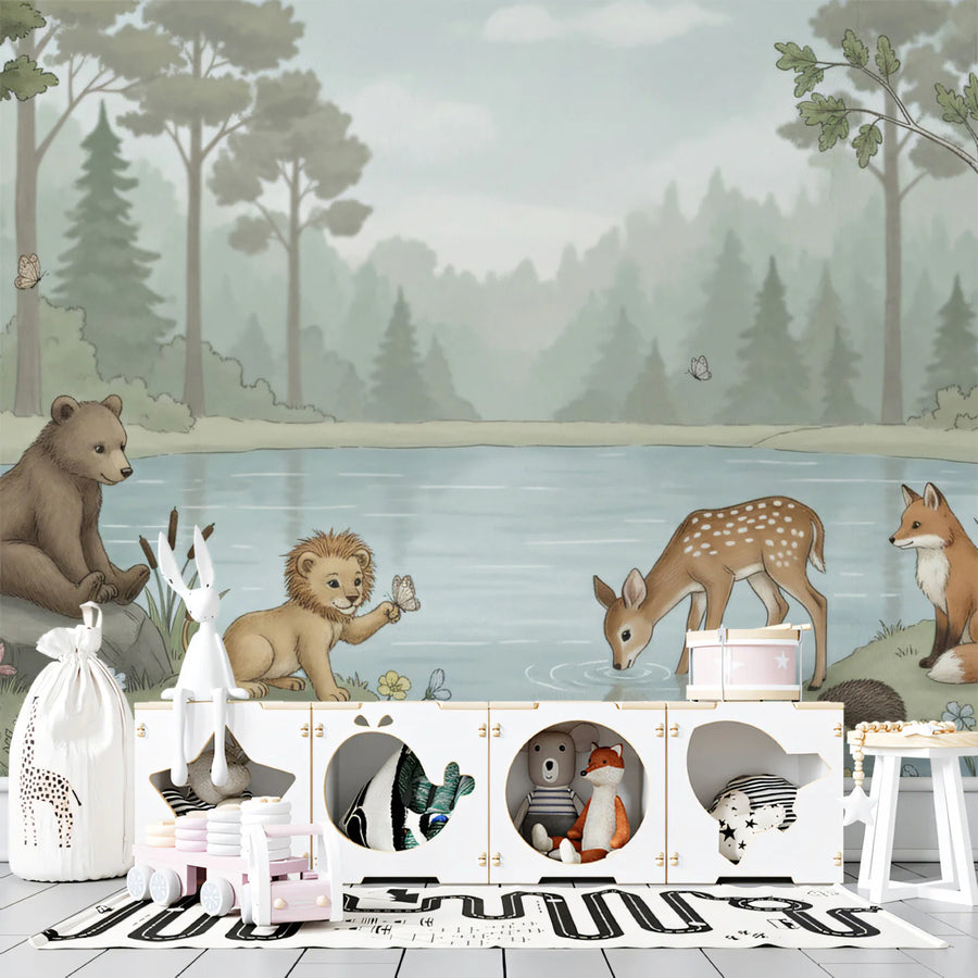 Baby Animals Wallpaper Mural – Cute Animals Wall Mural for nursery – Watercolor Forest Animals Pond Scene Nature Nursery Decor