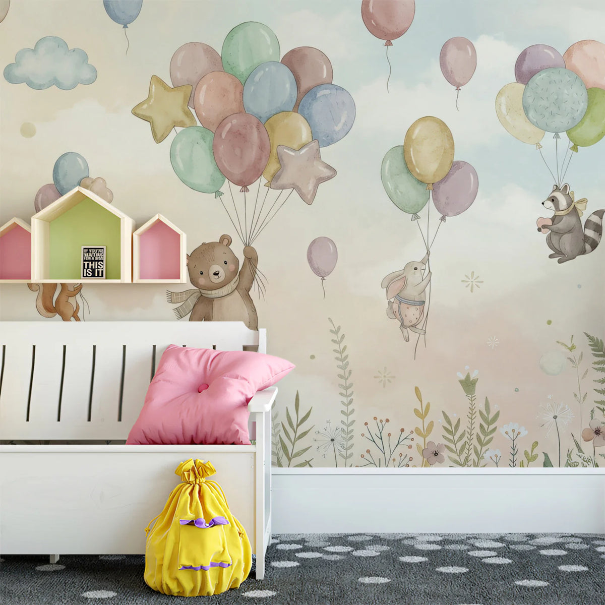 Floating Forest Friends Mural Wallpaper — Whimsical Nursery Decor Mural Wallpaper - room preview 02