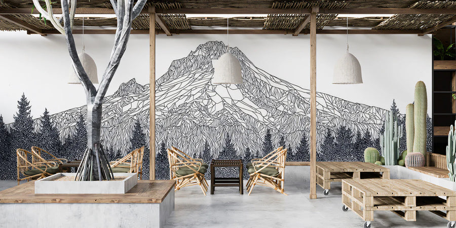 Mountain Wallpaper Mural – Alpine Wall Mural – Stippled Mountain Peak — Hand-Drawn Ink Sketch