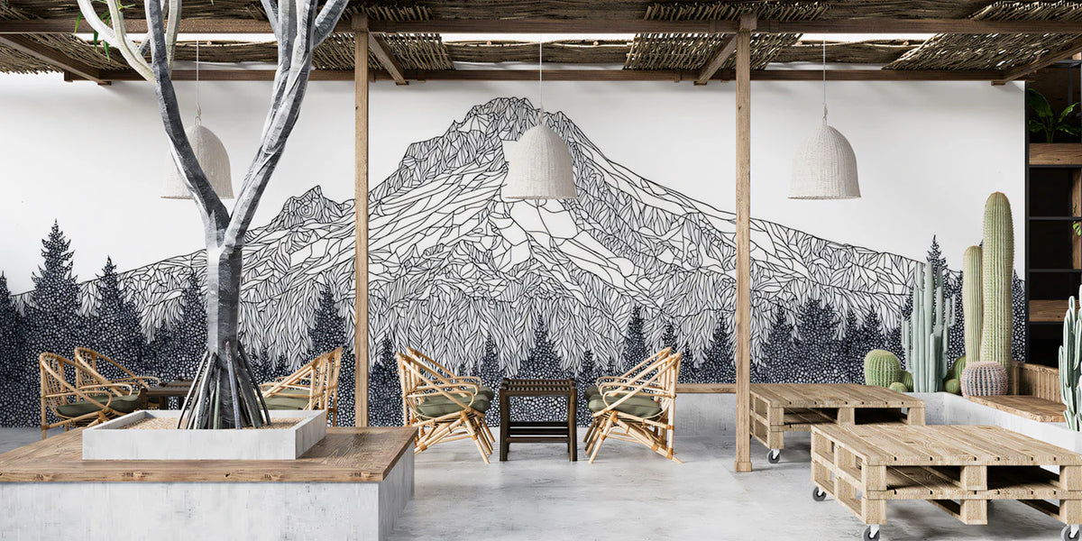 Stippled Mountain Peak Mural Wallpaper — Hand-Drawn Ink Sketch Mural Wallpaper - room preview 02
