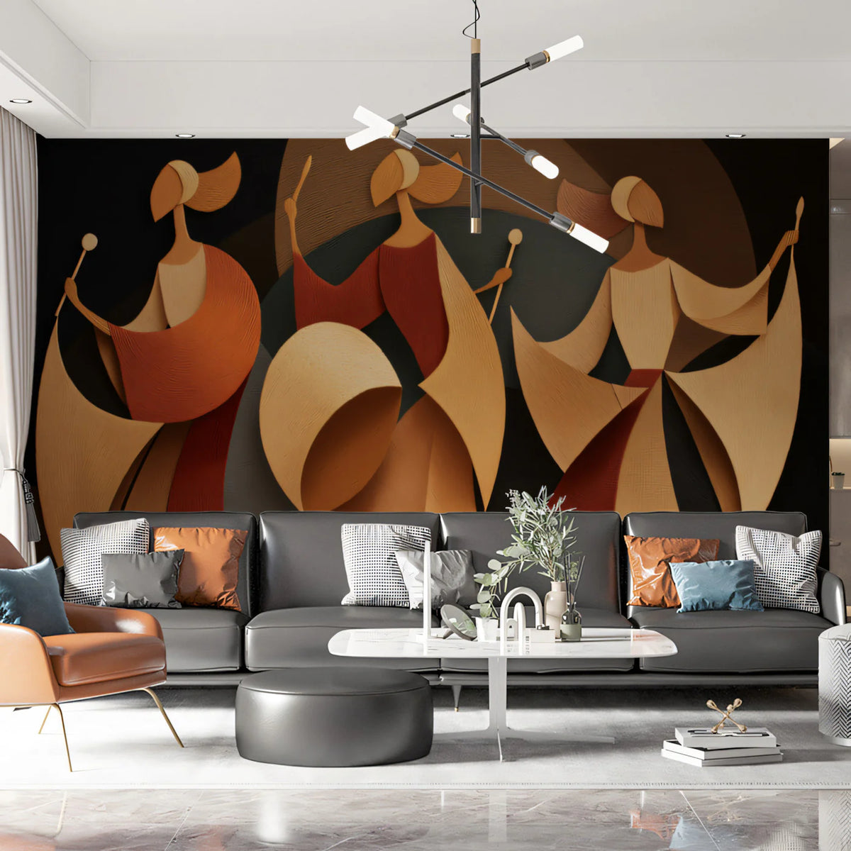 Abstract Paper Cut Dancer Mural Wallpaper in Warm Earth Tones Mural Wallpaper - room preview 02