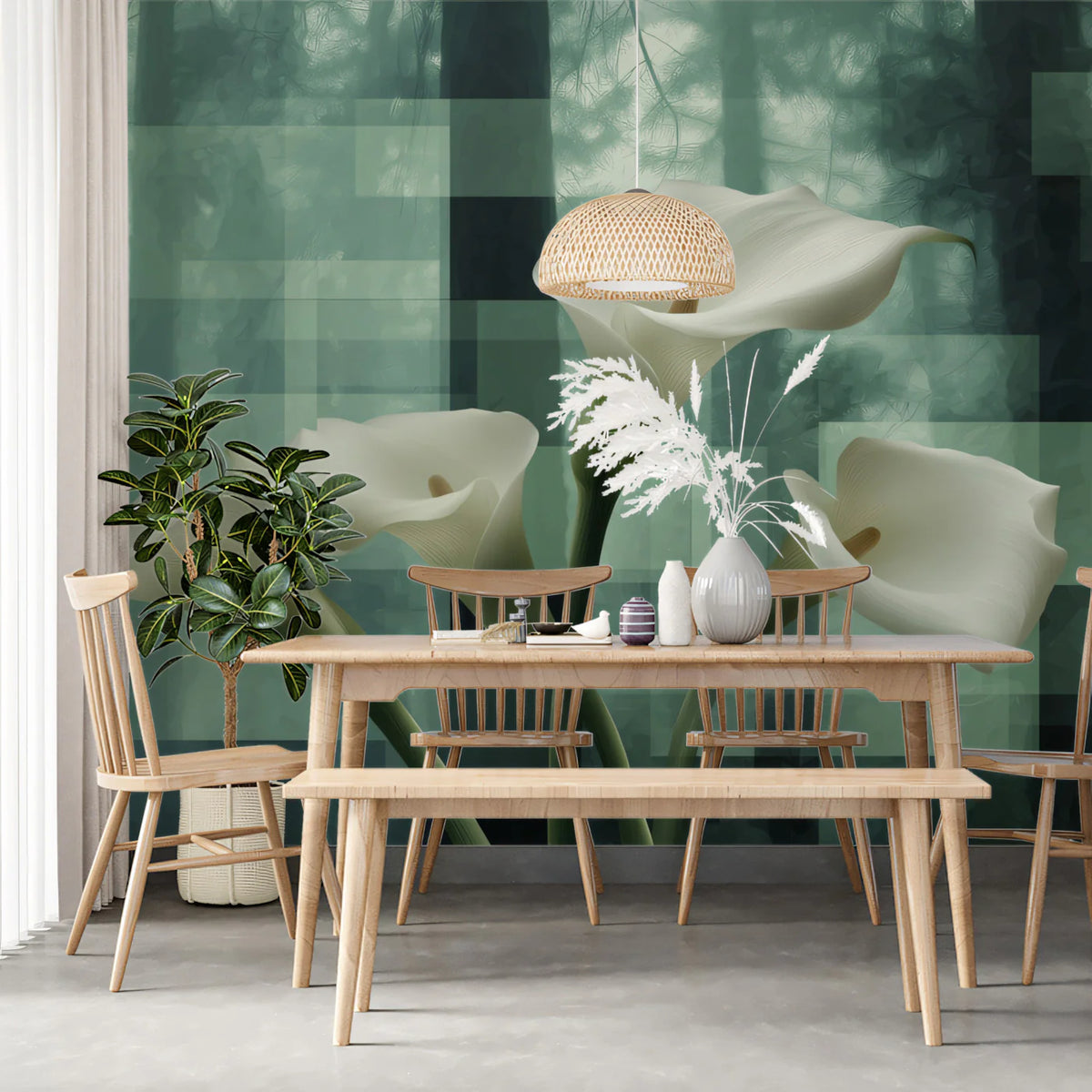 Calla Lily Forest Mural Wallpaper — Abstract Green Floral Art Mural Wallpaper - room preview 02