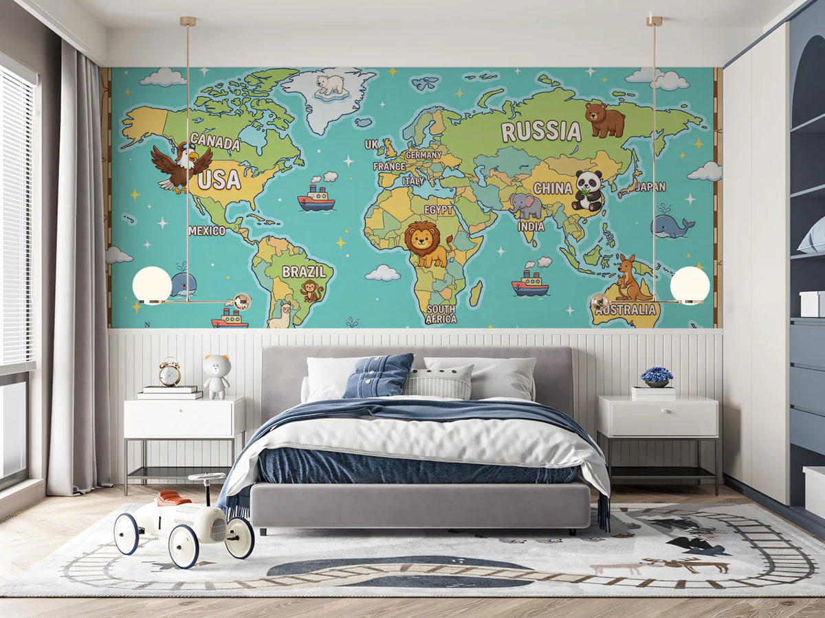 Educational World Map Mural Wallpaper with Cute Animals Mural Wallpaper - room preview 02