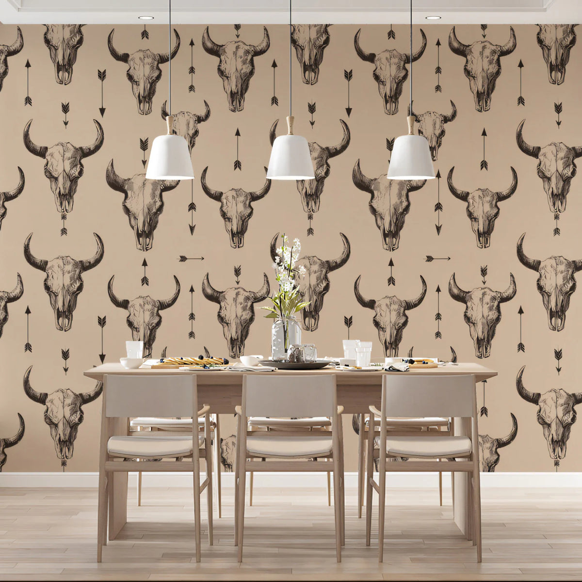 Vintage Cow Skull Western Mural Wallpaper —Rustic Beige Pattern Mural Wallpaper - room preview 02