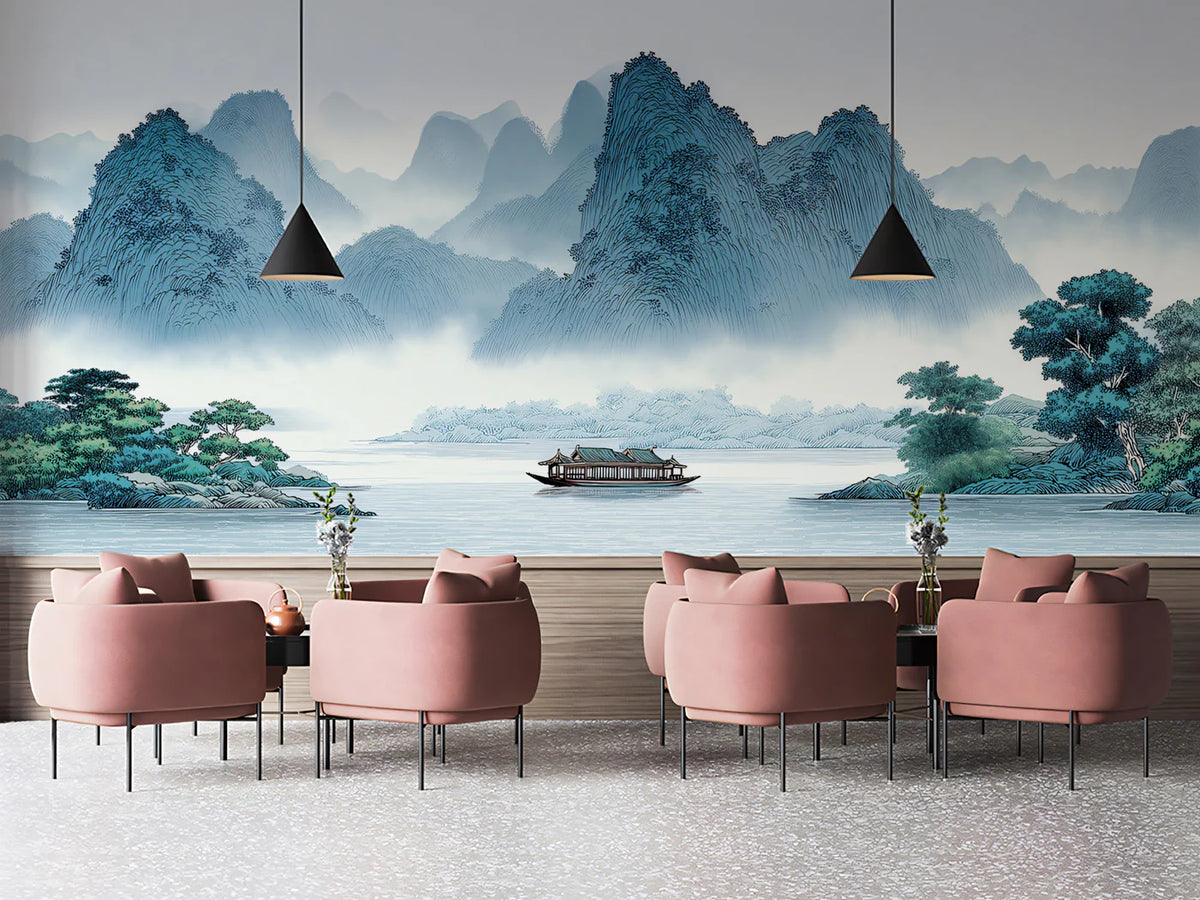 Misty Mountain Landscape Mural Wallpaper in Blue and Green Mural Wallpaper - room preview 02