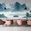 Misty Mountain Landscape Mural Wallpaper in Blue and Green Mural Wallpaper - room preview 02