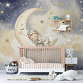 Sleeping Baby on Crescent Moon Mural Wallpaper — Whimsical Night Sky Mural Wallpaper - room preview 02