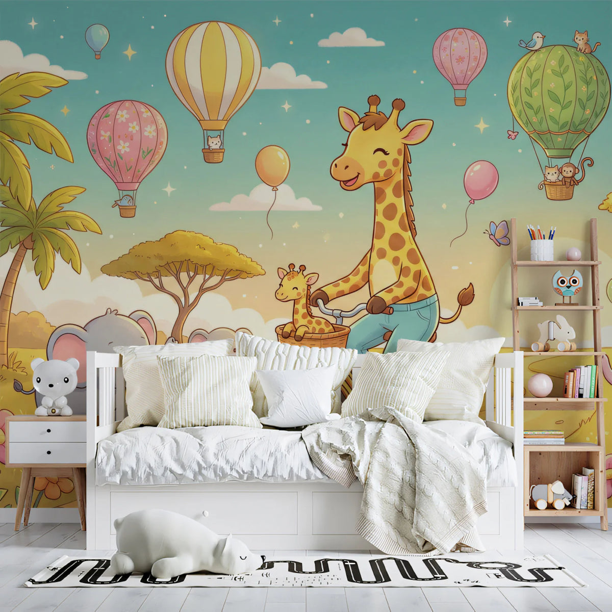 Giraffe and Friends Hot Air Balloon Mural Wallpaper - room preview 02