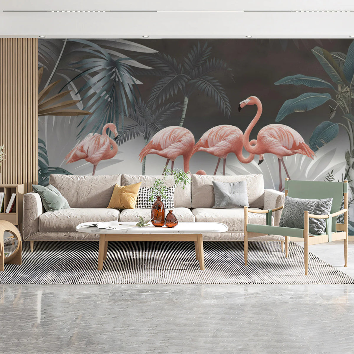 Pink Flamingo Jungle Mural Wallpaper — Moody Tropical Botanical Mural Wallpaper - room preview 02