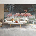 Pink Flamingo Jungle Mural Wallpaper — Moody Tropical Botanical Mural Wallpaper - room preview 02