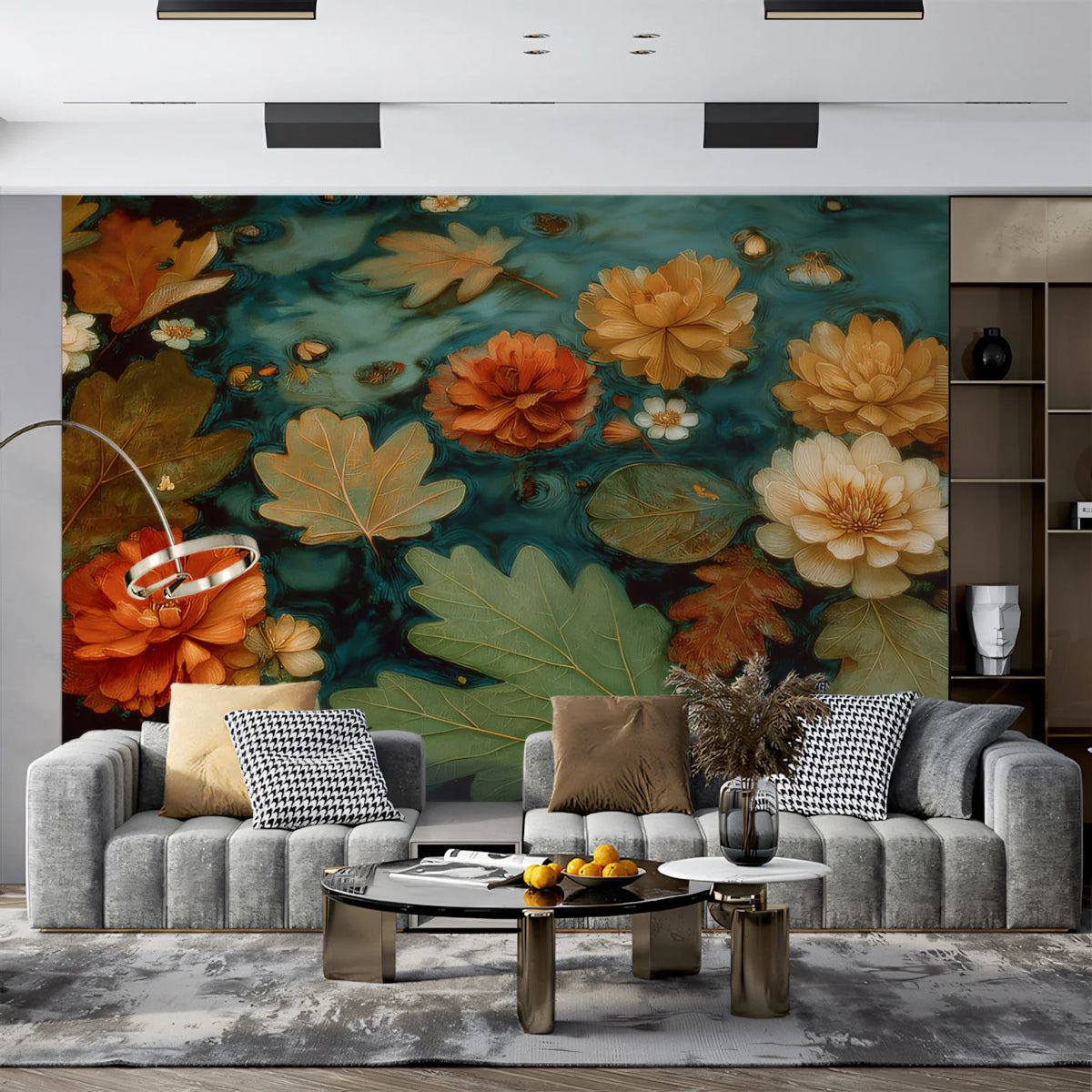 Floating Autumn Leaves and Floral Mural Wallpaper - room preview 02