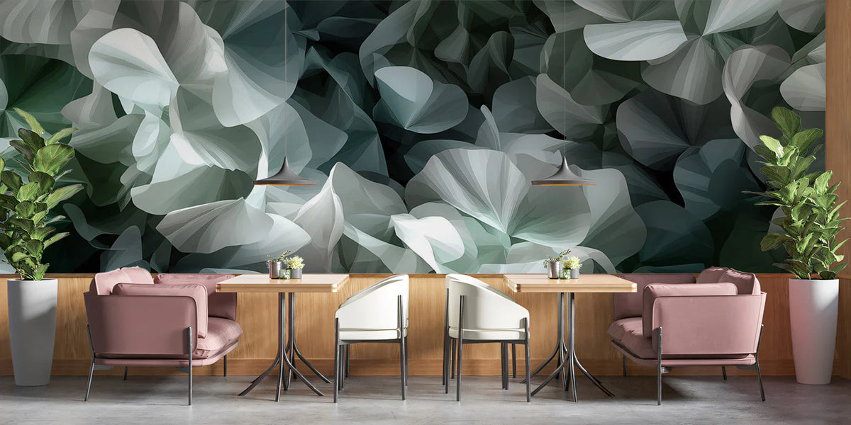 Abstract Petal Layers Mural Wallpaper in Sage and Charcoal Mural Wallpaper - room preview 02