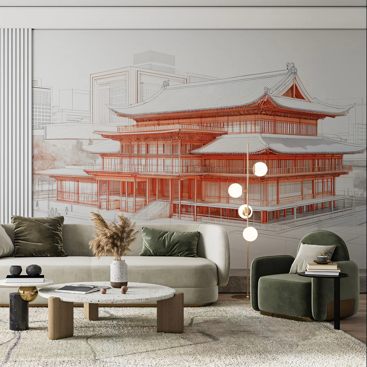 Chinese Architecture Line Art Mural Wallpaper in Vibrant Red Mural Wallpaper - room preview 02