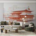 Chinese Architecture Line Art Mural Wallpaper in Vibrant Red Mural Wallpaper - room preview 02