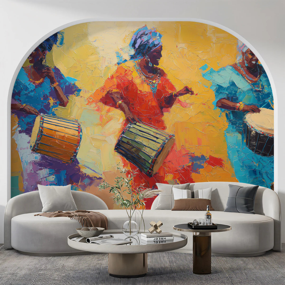 African Drummer Dancers Mural Wallpaper — Impressionist Oil Art Mural Wallpaper - room preview 02