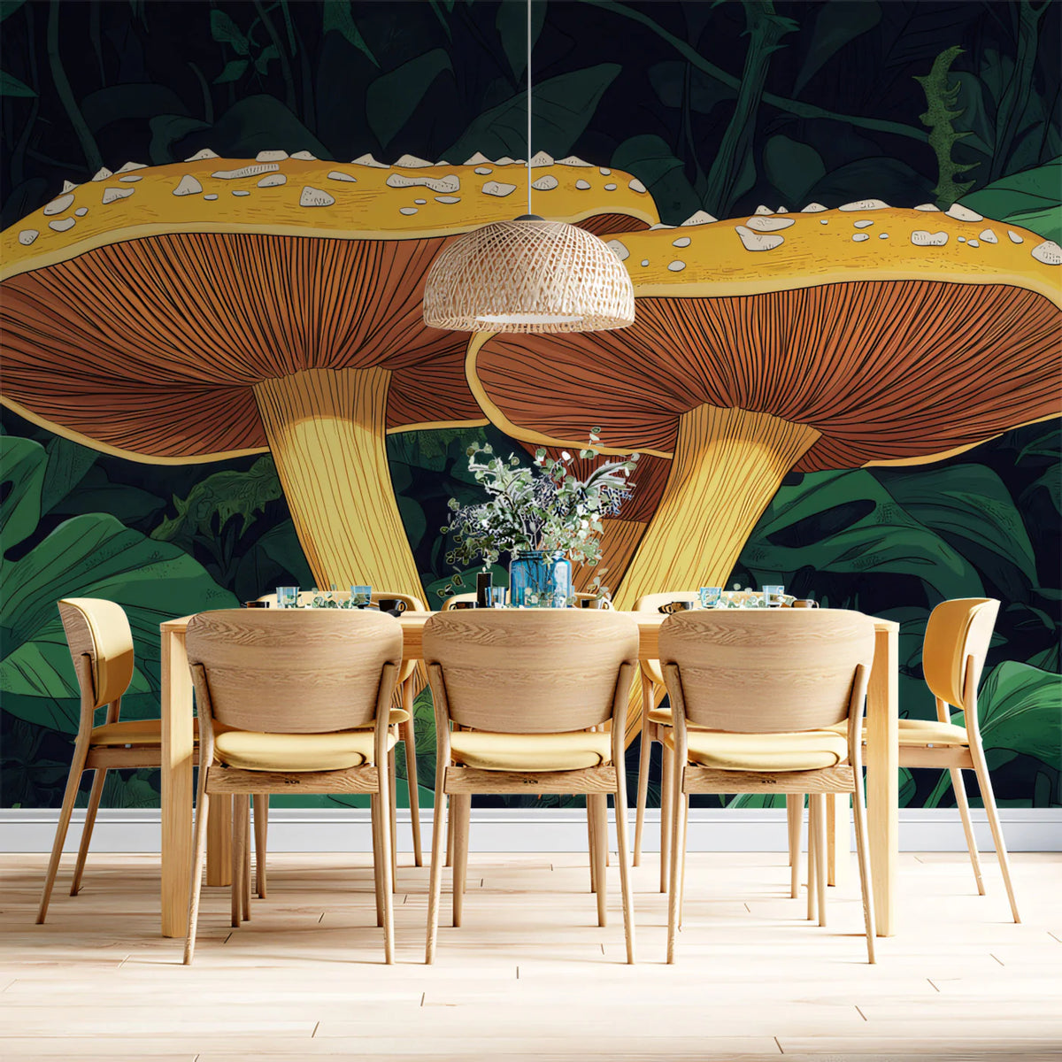 Giant Botanical Mushroom Mural Wallpaper — Whimsical Forest Scene Mural Wallpaper - room preview 02