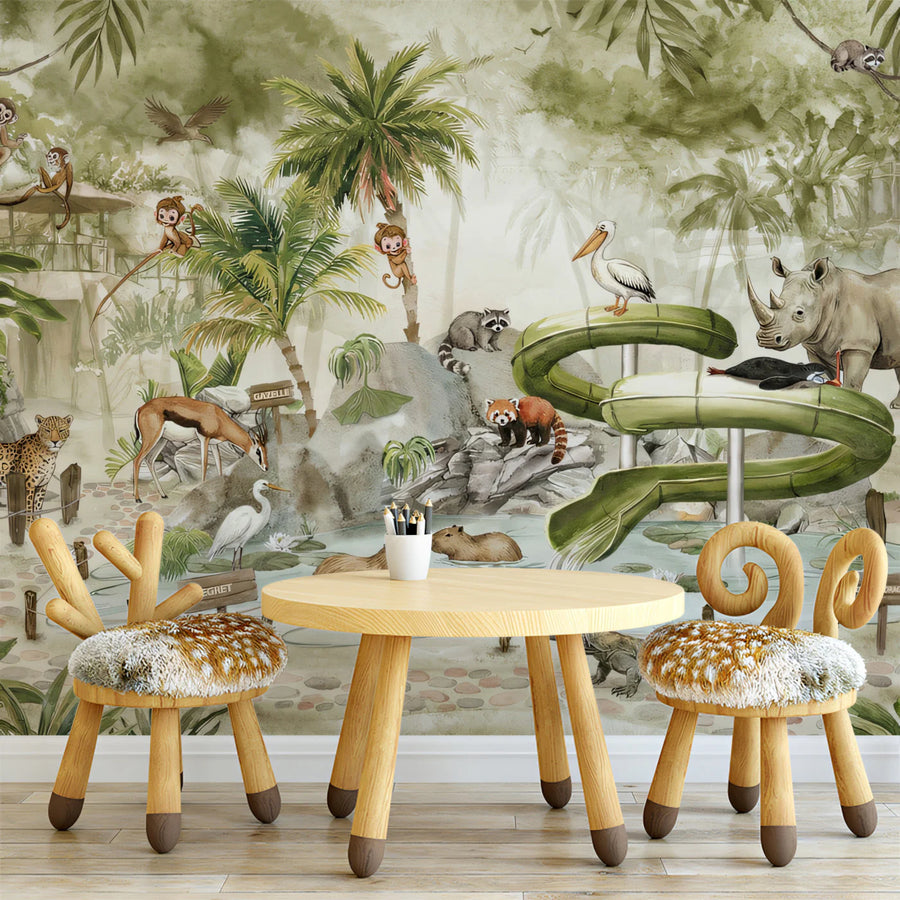 Baby Animals Wallpaper Mural – Cute Animals Wall Mural – Vintage Zoo Animal Jungle — Soft Sepia Watercolor