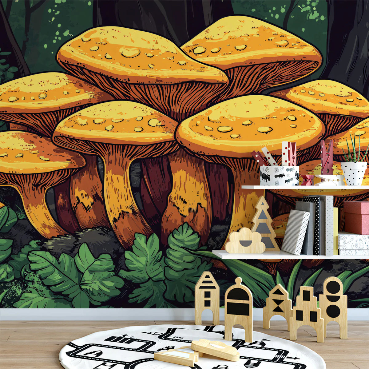 Vibrant Orange Mushrooms in Dark Forest Mural Wallpaper Fantasy Nature Vector Art Mural Wallpaper - room preview 02