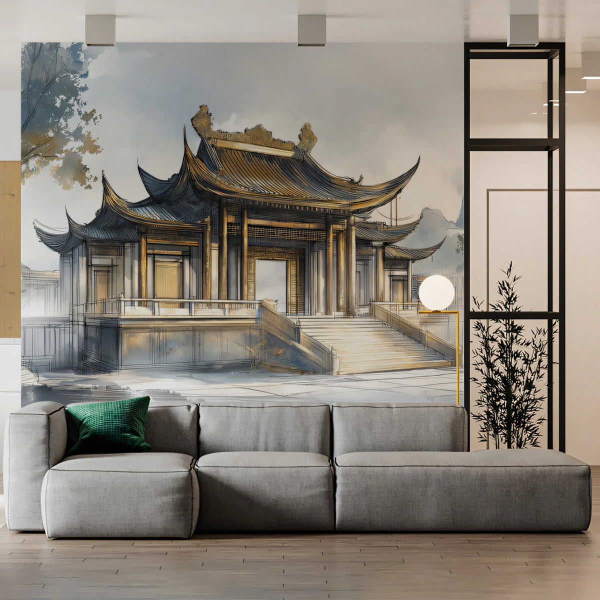 Traditional Chinese Palace Mural Wallpaper — Ink and Watercolor Art Mural Wallpaper - room preview 02