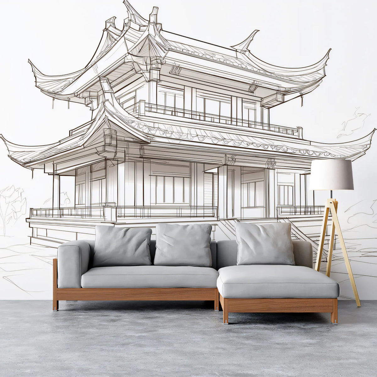 Traditional Chinese Pavilion Architectural Sketch Mural Wallpaper - room preview 02