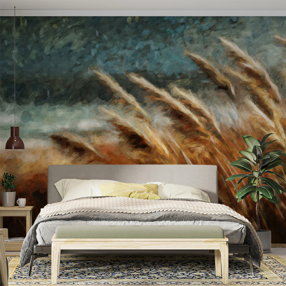 Golden Meadow Oil Painting Mural Wallpaper — Impressionist Style Mural Wallpaper - room preview 02