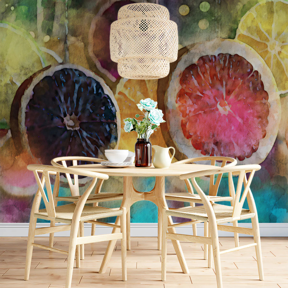 Watercolor Citrus Slices Mural Wallpaper — Vibrant Fruit Art Mural Wallpaper - room preview 02