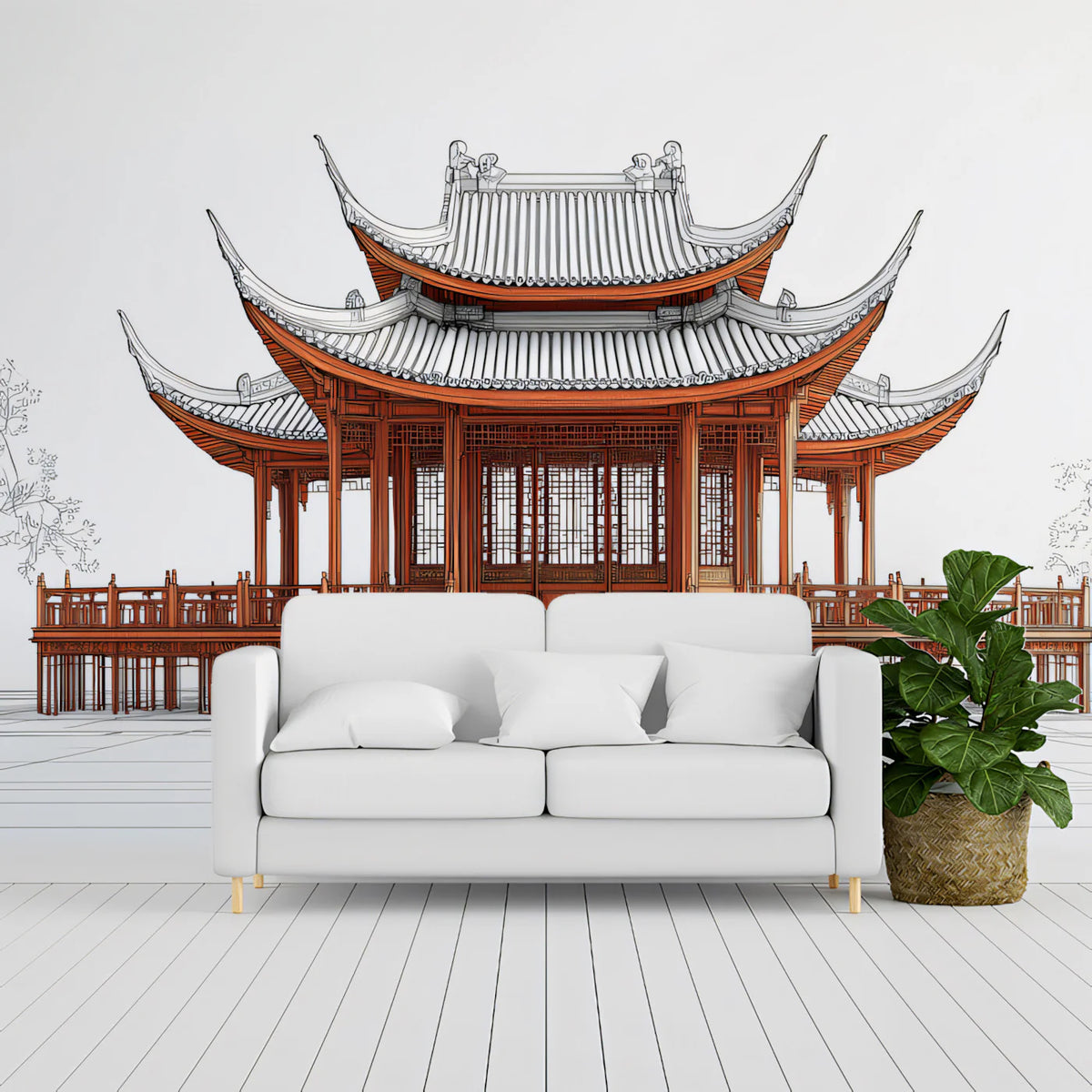Chinese Pavilion Architectural Sketch Mural Wallpaper in Burnt Red Mural Wallpaper - room preview 02