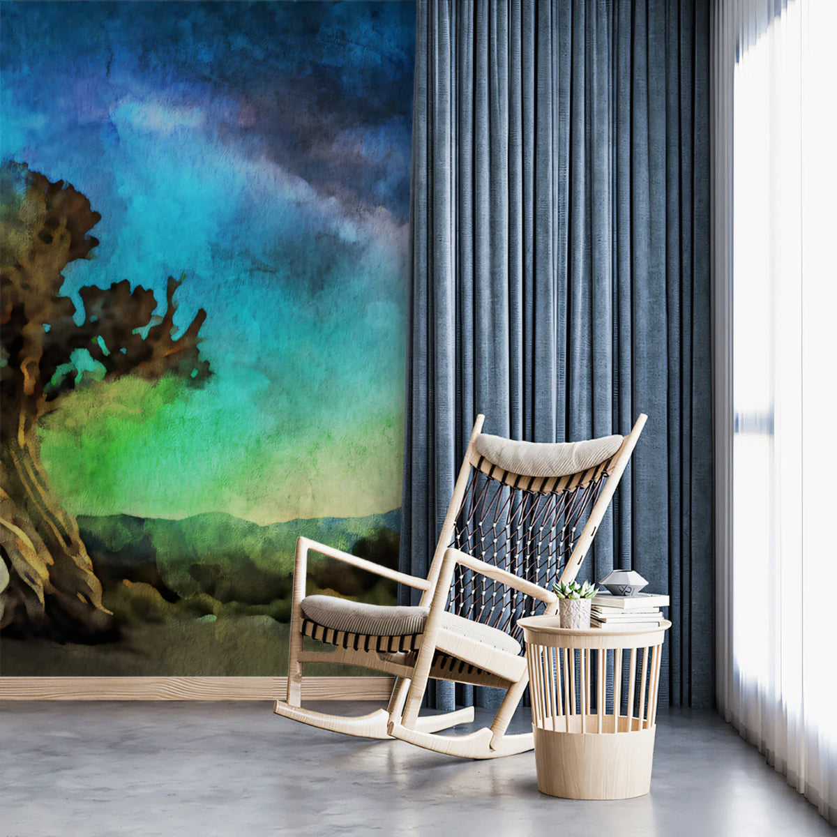 Gnarled Ancient Tree Starry Sky Mural Wallpaper — Artistic Night Mural Wallpaper - room preview 02