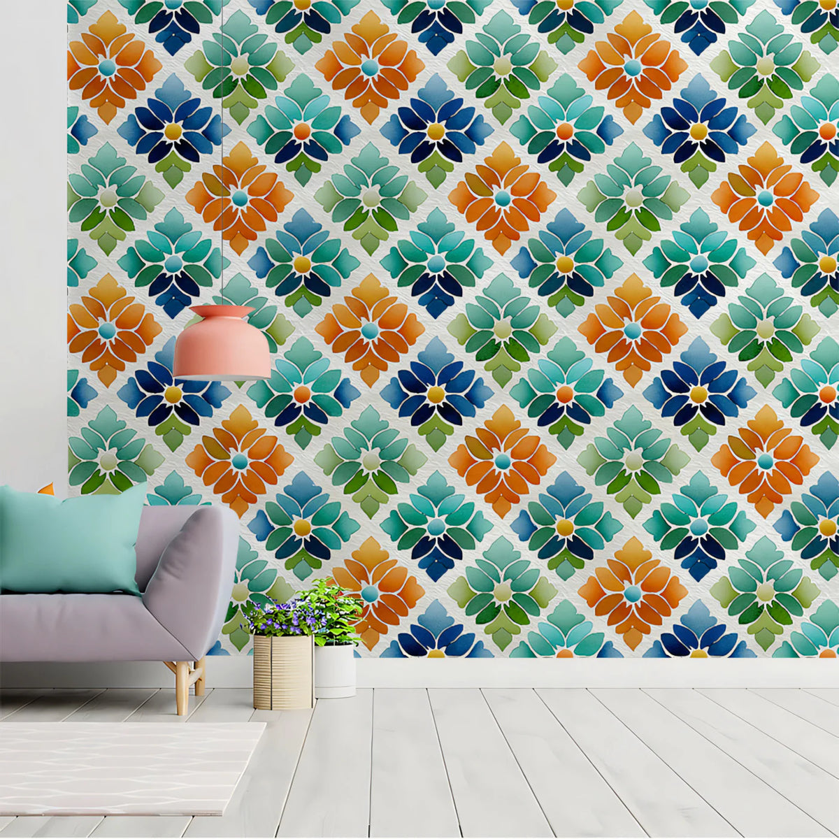 Geometric Floral Tile Mural Wallpaper —Vibrant Retro Mosaic Mural Wallpaper - room preview 02