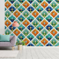 Geometric Floral Tile Mural Wallpaper —Vibrant Retro Mosaic Mural Wallpaper - room preview 02