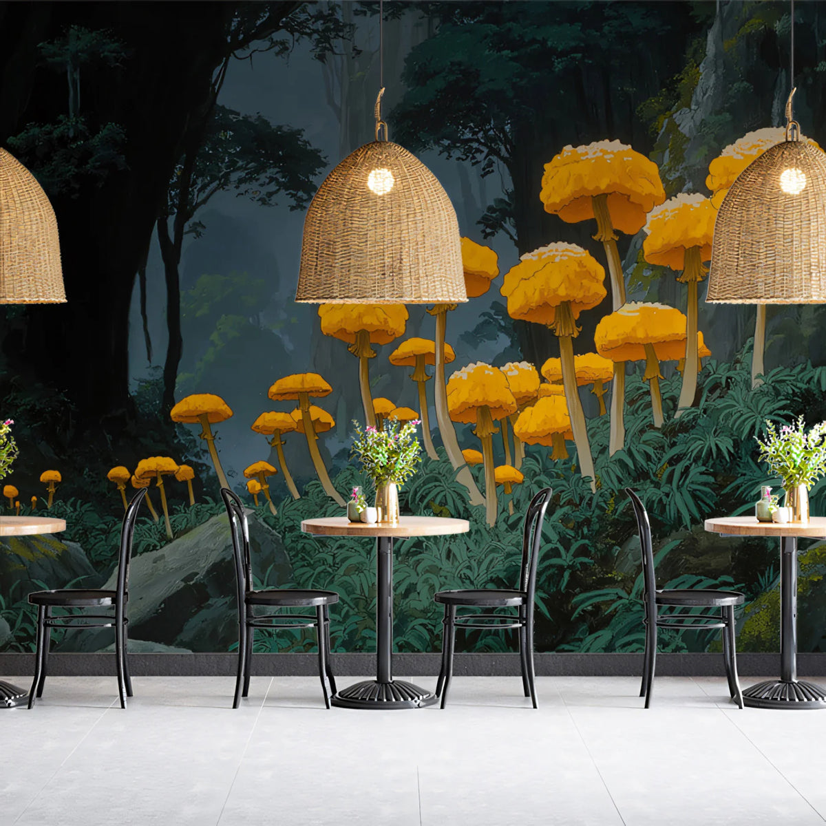 Glowing Forest Mushroom Mural Wallpaper — Whimsical Nature Art Mural Wallpaper - room preview 02