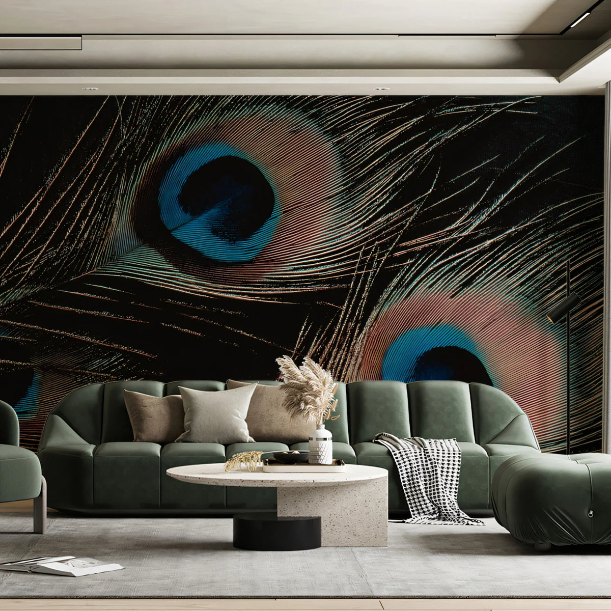 Macro Peacock Feather Mural Wallpaper — Moody Dark Decor Mural Wallpaper - room preview 02