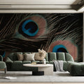 Macro Peacock Feather Mural Wallpaper — Moody Dark Decor Mural Wallpaper - room preview 02