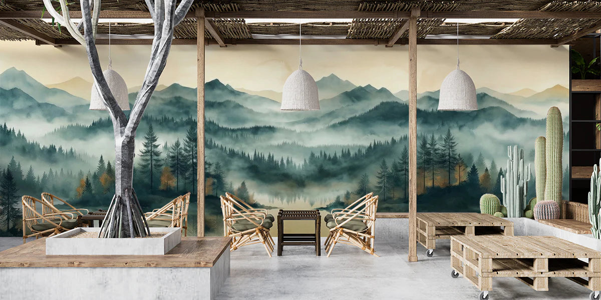 Misty Mountain Lake Mural Wallpaper — Watercolor Landscape Mural Wallpaper - room preview 02