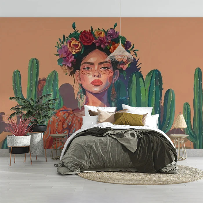 Desert Muse Floral Portrait Mural Wallpaper — Boho Artistic Style Mural Wallpaper - room preview 02
