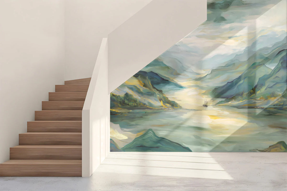 Impressionist Mountain Lake Mural Wallpaper — Painted Landscape Mural Wallpaper - room preview 02
