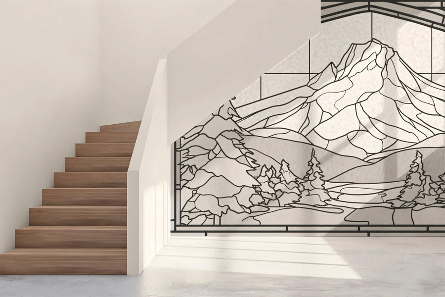 Mountain Wallpaper Mural – Alpine Wall Mural – Stained Glass Mountain —Monochrome Geometric Art
