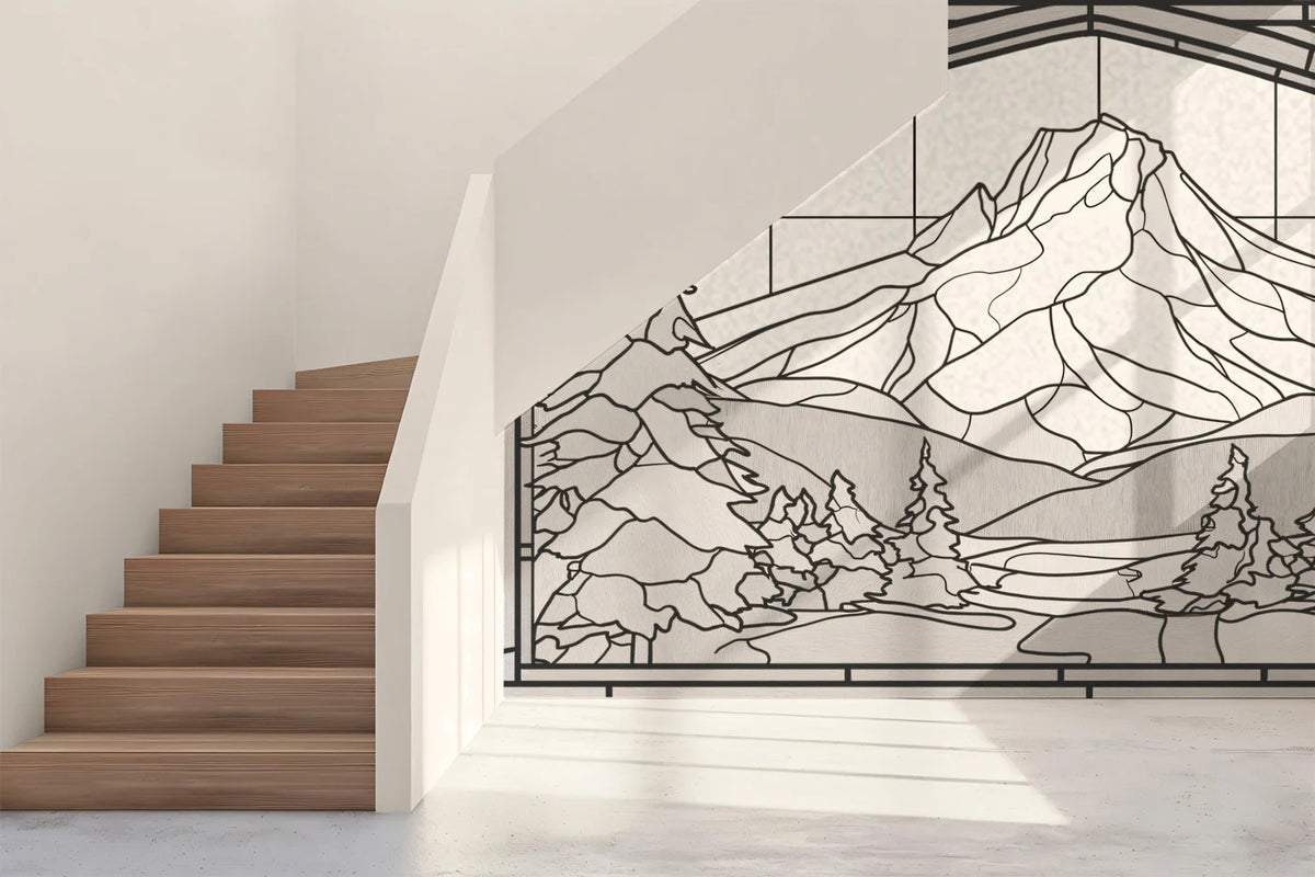 Stained Glass Mountain Mural Wallpaper —Monochrome Geometric Art Mural Wallpaper - room preview 02