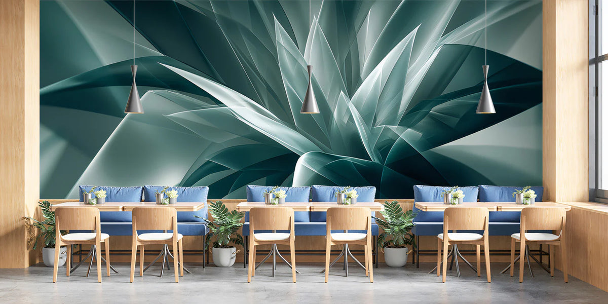 Crystalline Teal Botanical Mural Wallpaper — Modern Abstract Art Mural Wallpaper - room preview 02